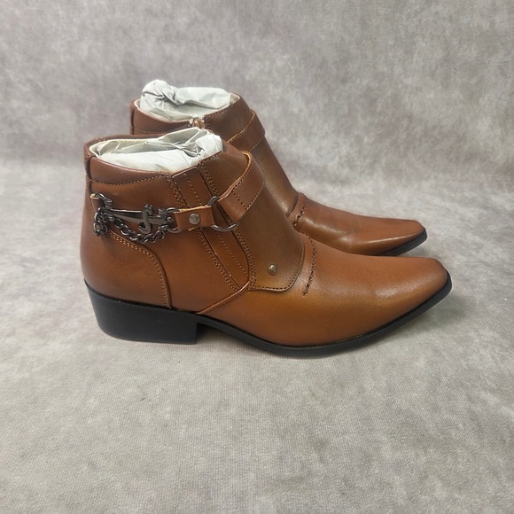 Mens Tan Faux Leather Pointed Toe Ankle Boots with Chain Anchor Detail Size 7 main image 4